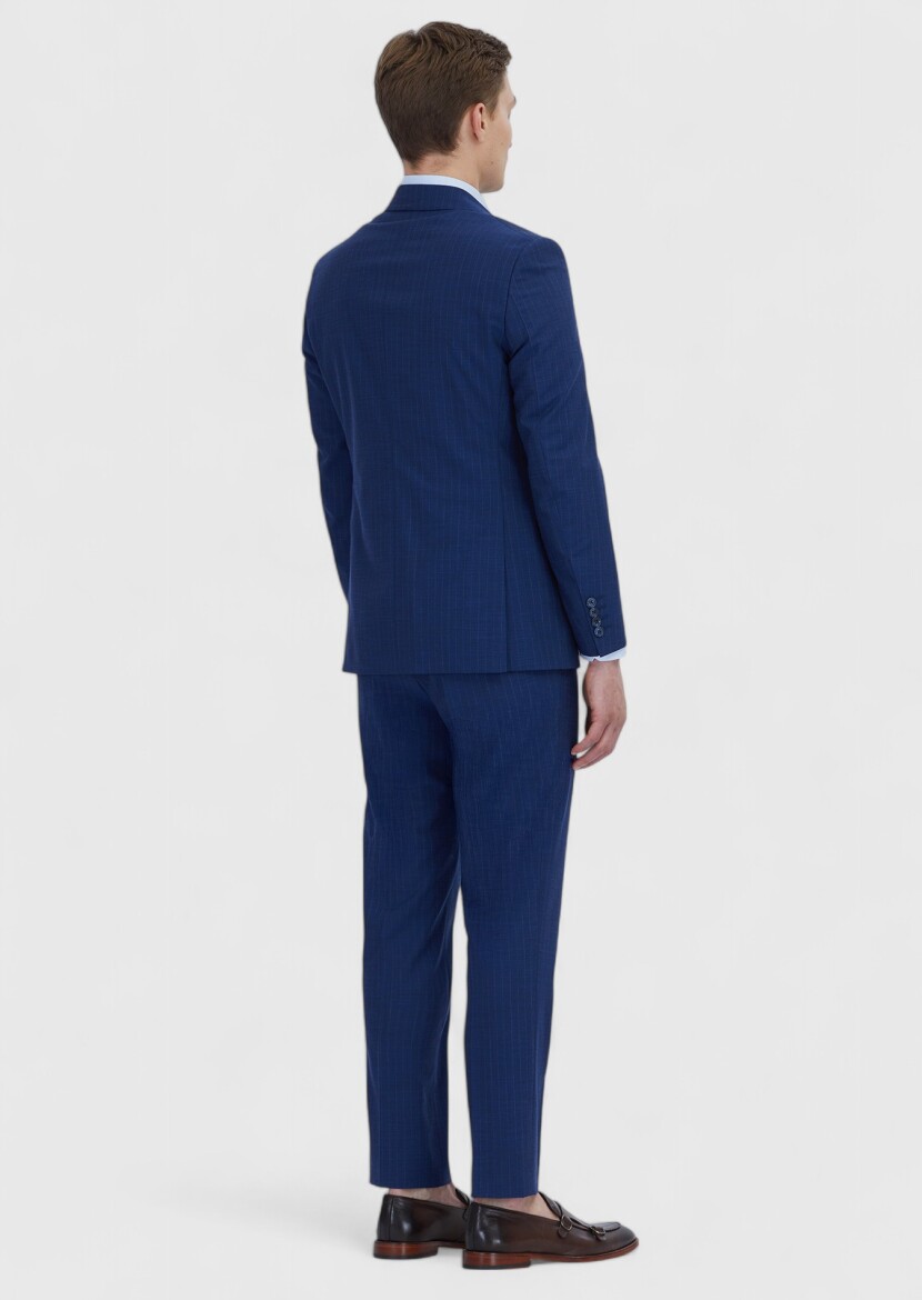 Açık İndigo Çizgili Modern Fit Yün Karışımlı Takım Elbise - 5