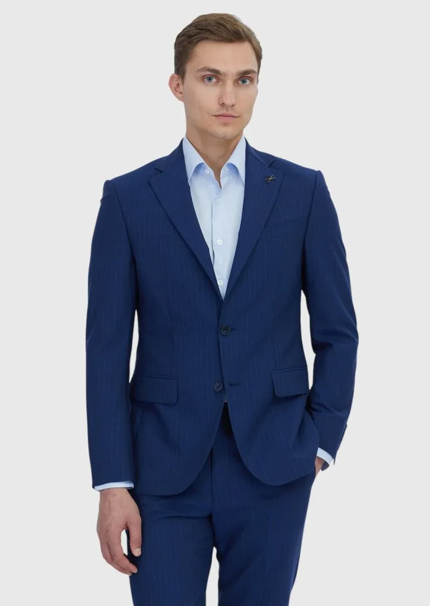 Açık İndigo Çizgili Modern Fit Yün Karışımlı Takım Elbise - 1