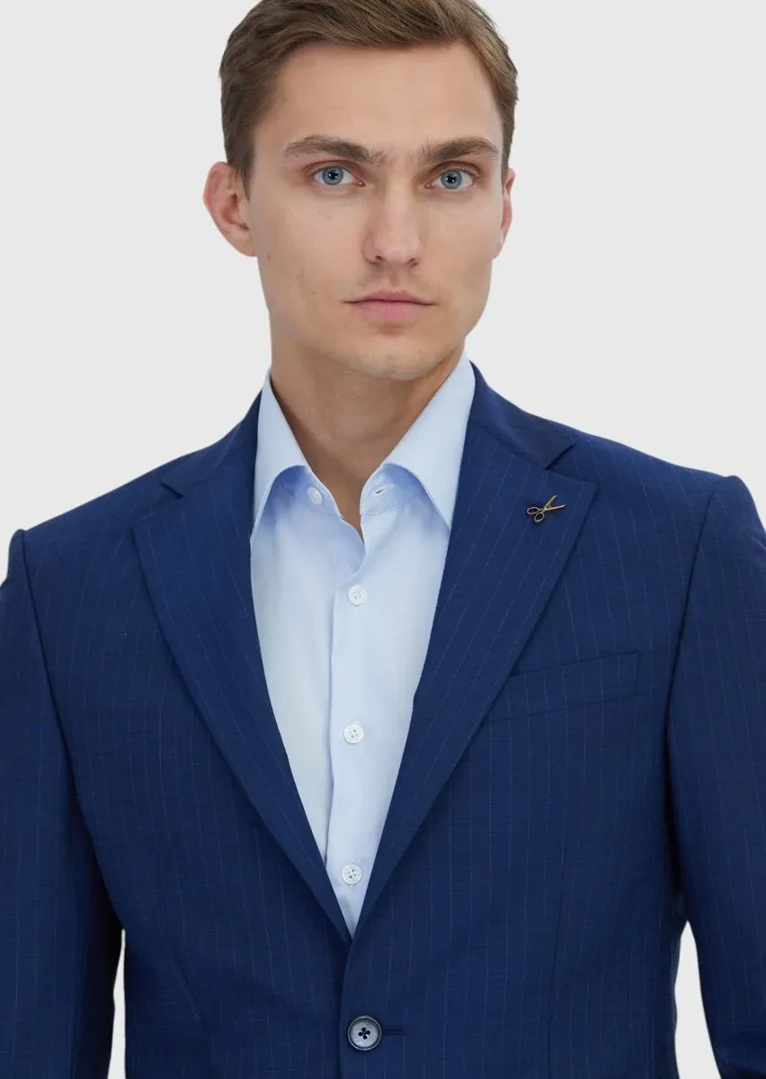 Açık İndigo Çizgili Modern Fit Yün Karışımlı Takım Elbise - 3