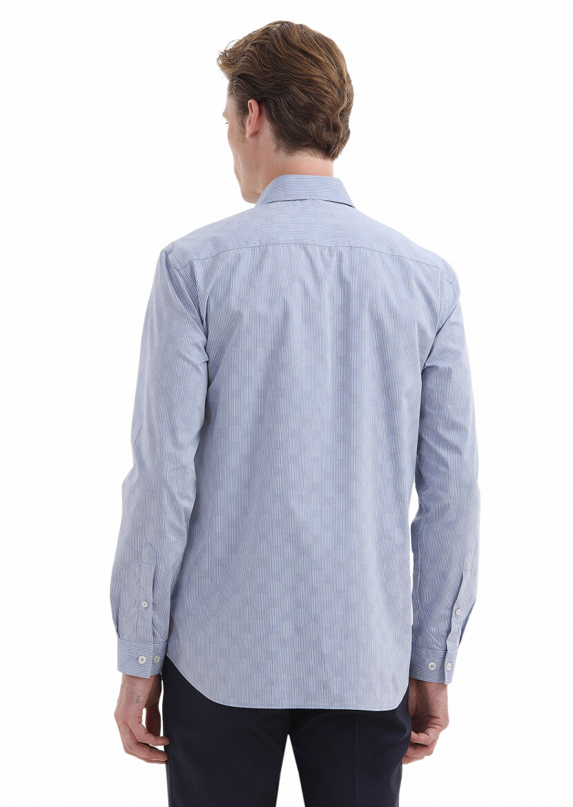 Açık İndigo Çizgili Regular Fit Uzun Dokuma Casual %100 Pamuk Gömlek - 3