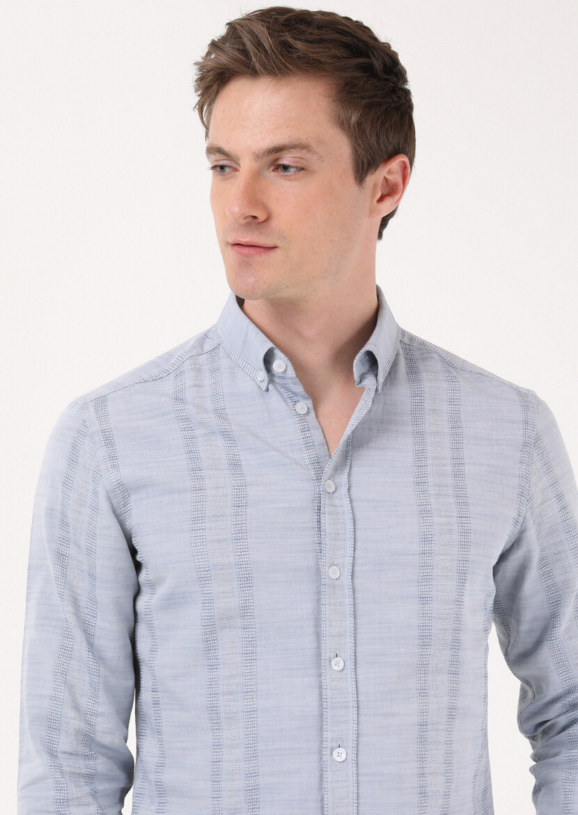 Açık İndigo Çizgili Slim Fit Uzun Dokuma Casual %100 Pamuk Gömlek - 2
