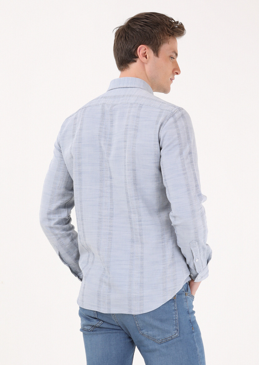 Açık İndigo Çizgili Slim Fit Uzun Dokuma Casual %100 Pamuk Gömlek - 4