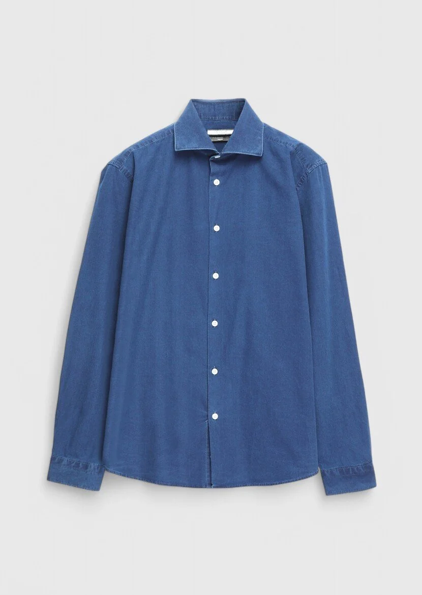 Açık İndigo Düz Casual Fit Dokuma Casual %100 Pamuk Gömlek 