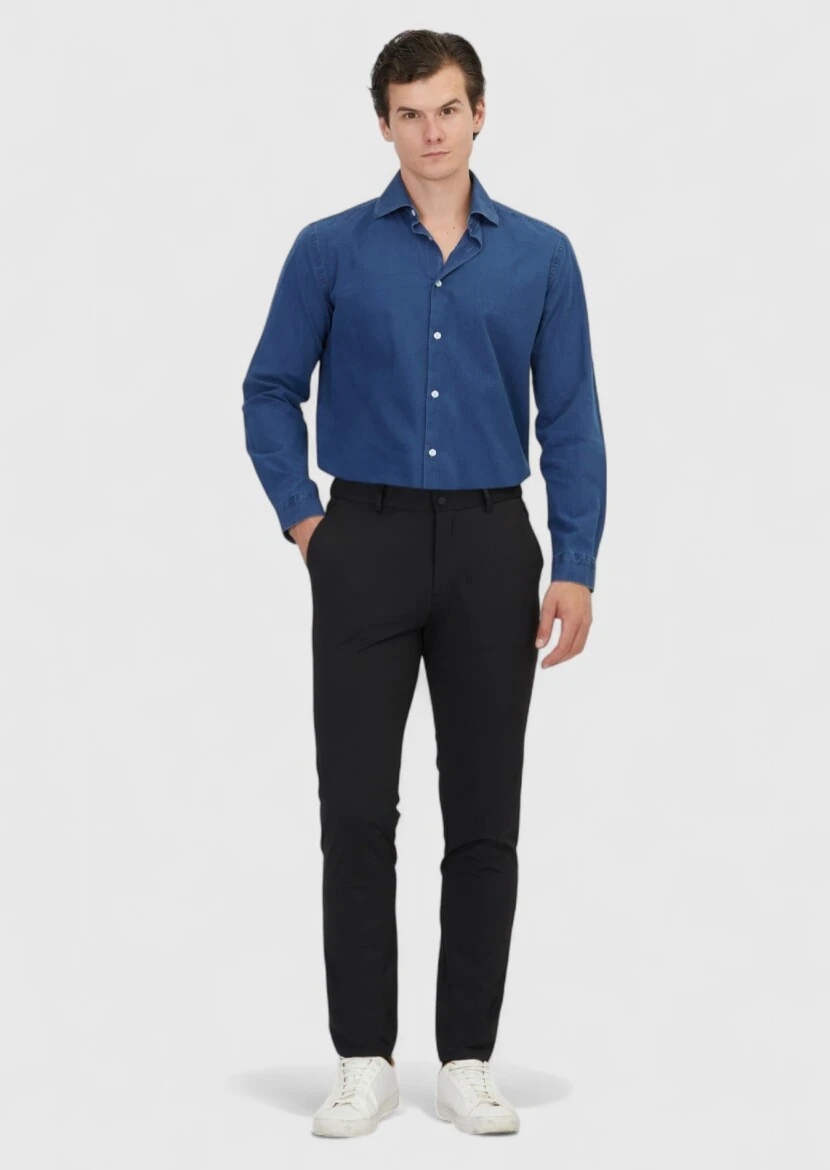 Açık İndigo Düz Casual Fit Dokuma Casual %100 Pamuk Gömlek - 2