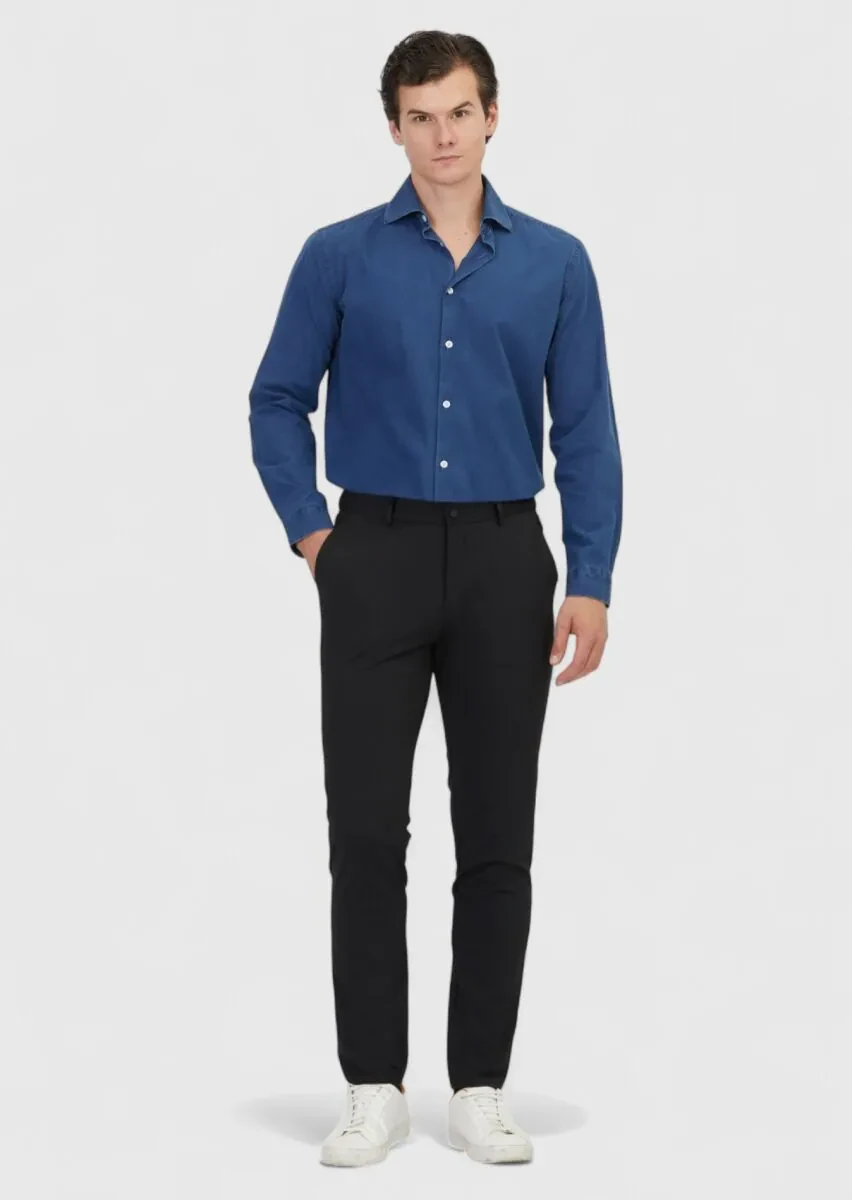 Açık İndigo Düz Casual Fit Dokuma Casual %100 Pamuk Gömlek - 2