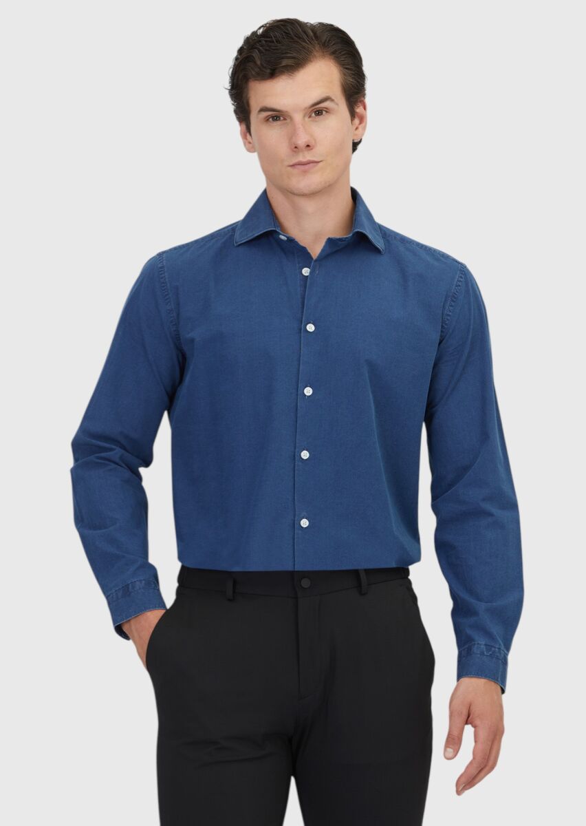 Açık İndigo Düz Casual Fit Dokuma Casual %100 Pamuk Gömlek - 1