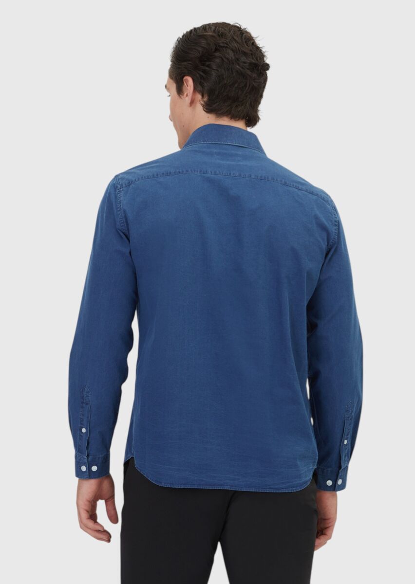 Açık İndigo Düz Casual Fit Dokuma Casual %100 Pamuk Gömlek - 5