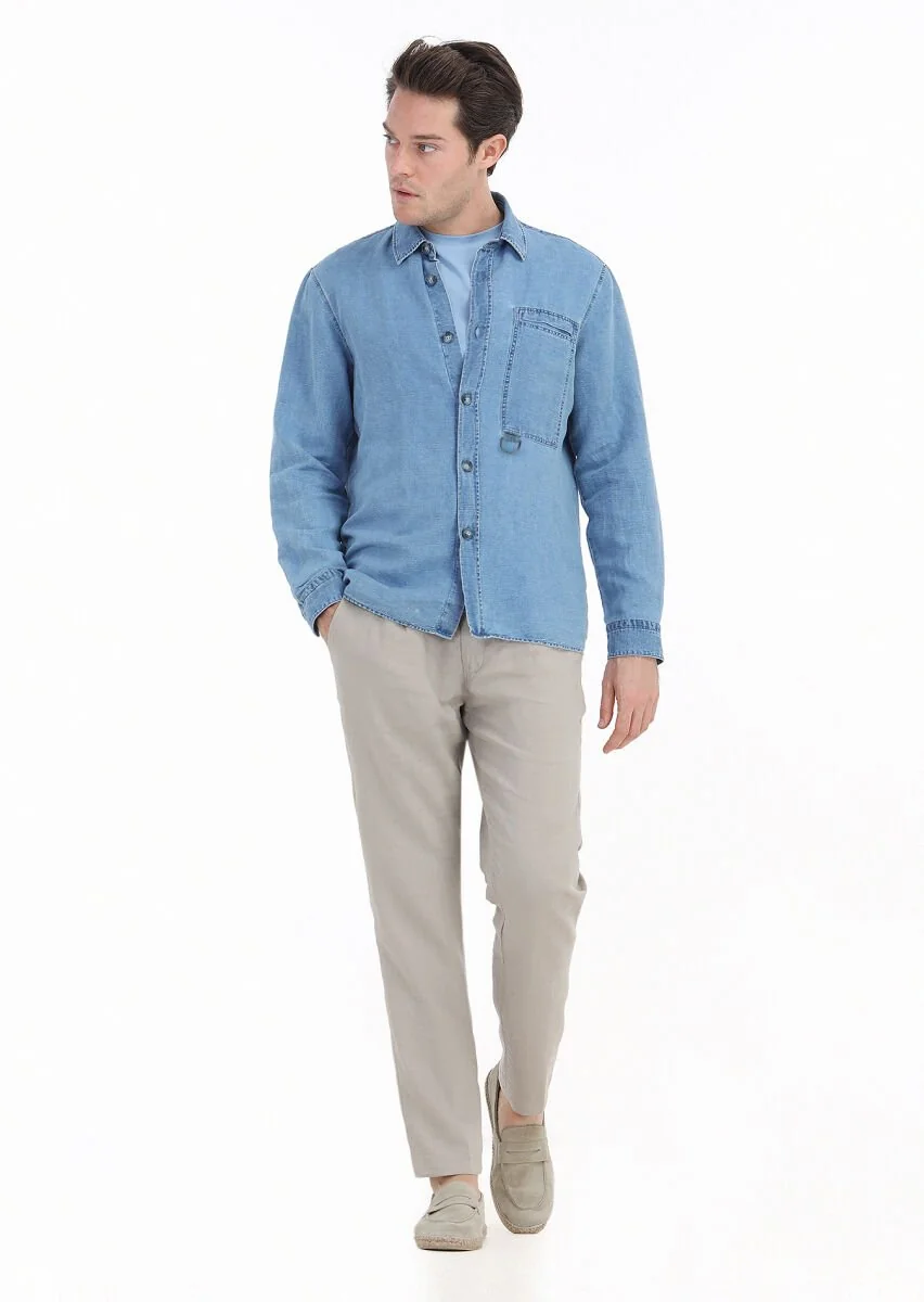 Açık İndigo Düz Casual Fit Dokuma Pamuk Karışımlı Overshırt - 1