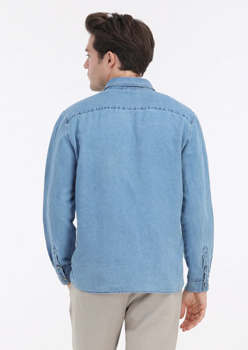 Açık İndigo Düz Casual Fit Dokuma Pamuk Karışımlı Overshırt - 5