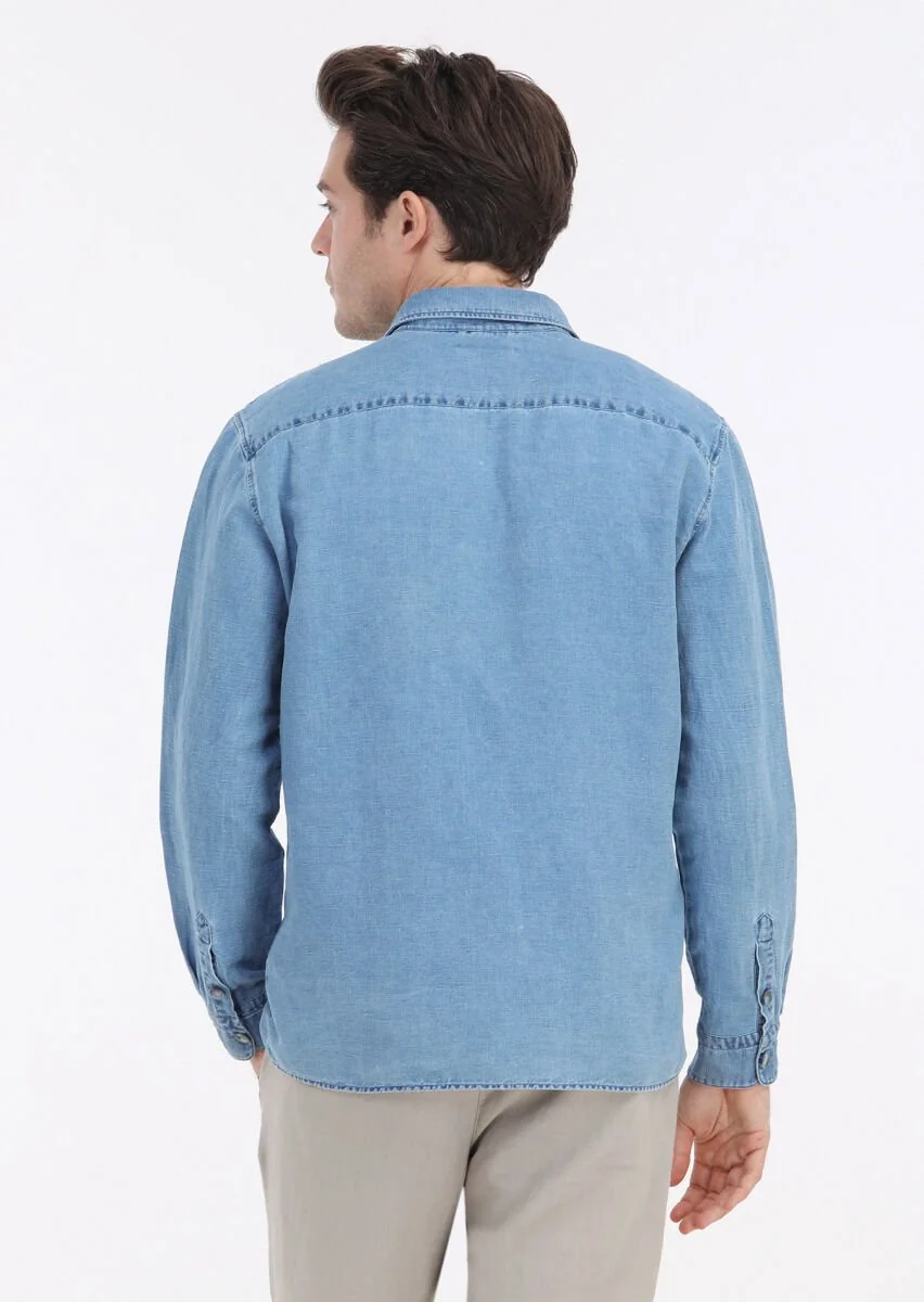 Açık İndigo Düz Casual Fit Dokuma Pamuk Karışımlı Overshırt - 5