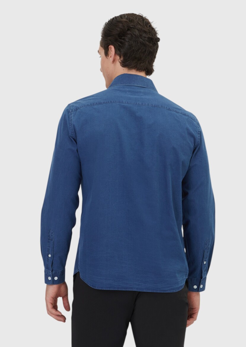 Açık İndigo Düz Casual Fit Uzun Dokuma Casual %100 Pamuk Gömlek - 5