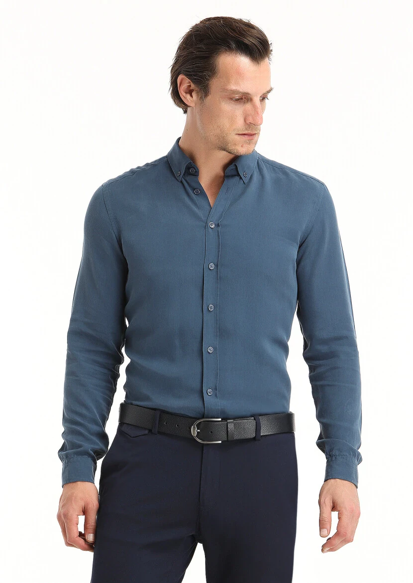Açık İndigo Düz Regular Fit Dokuma Casual Gömlek 