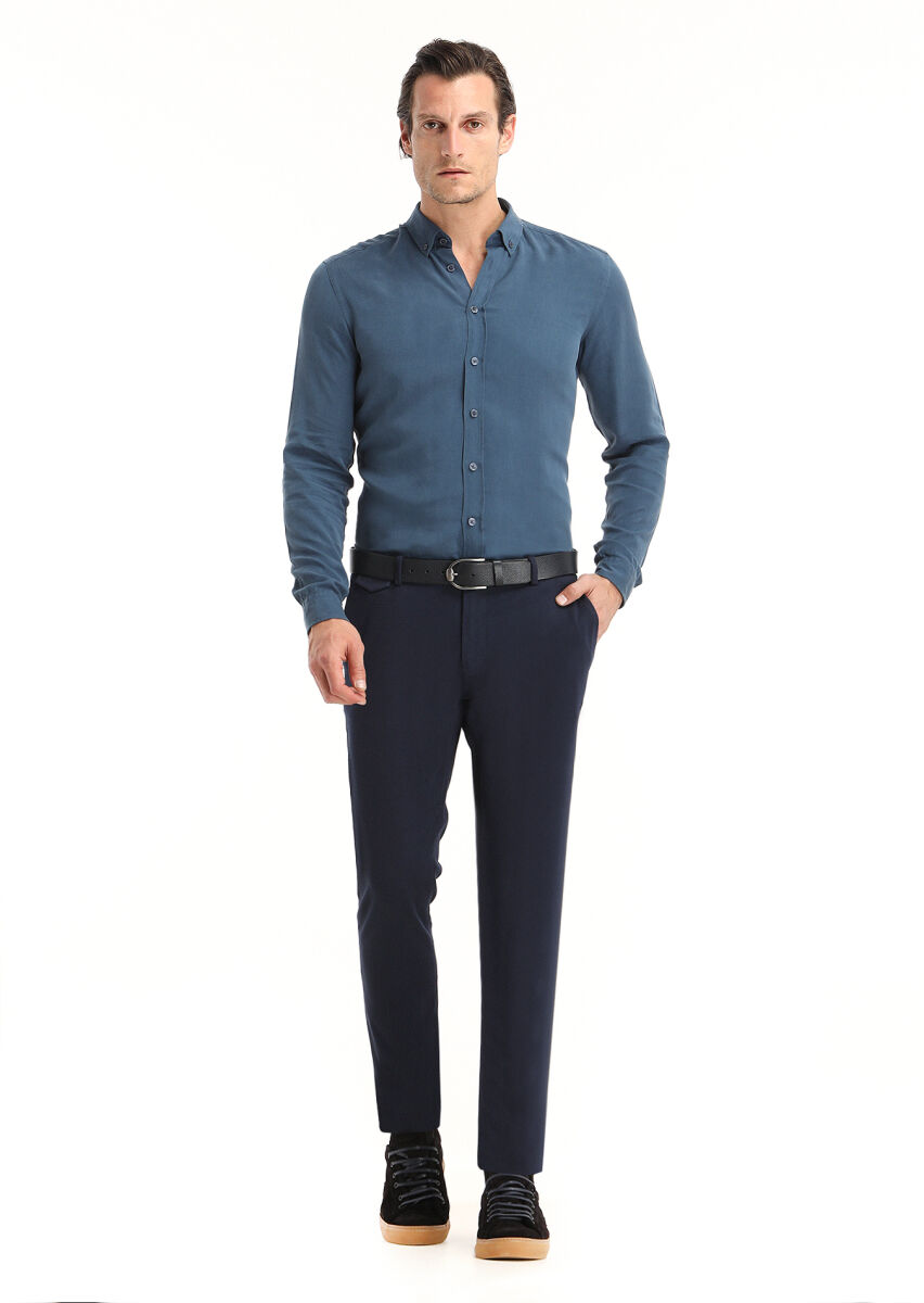 Açık İndigo Düz Regular Fit Uzun Dokuma Casual Gömlek - 1