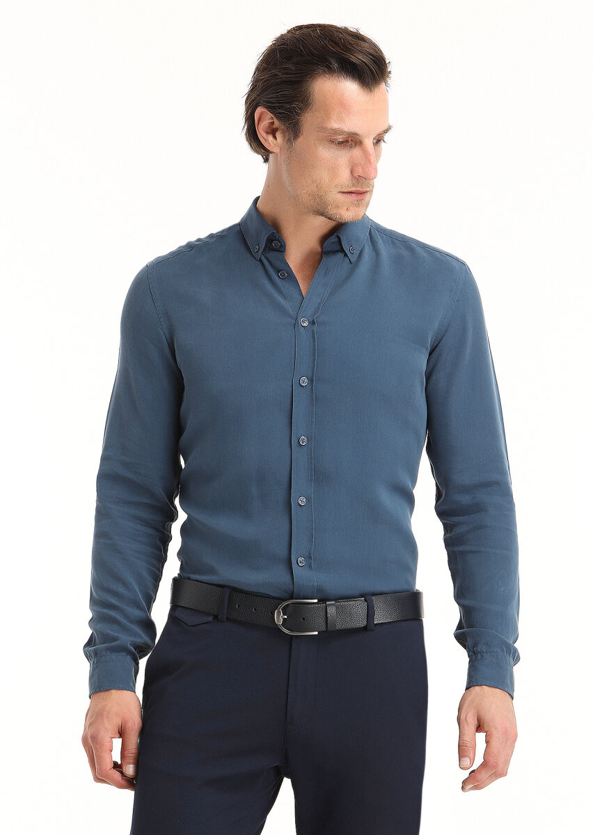 Açık İndigo Düz Regular Fit Uzun Dokuma Casual Gömlek - 2
