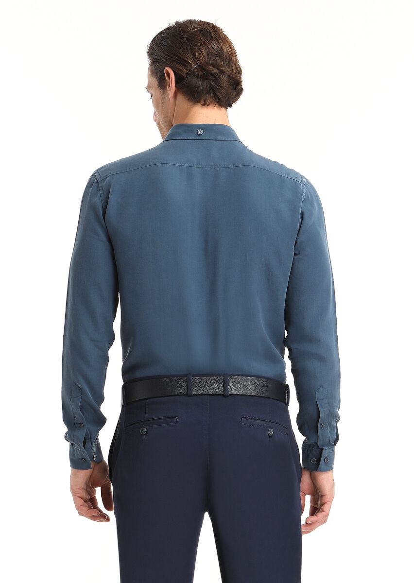 Açık İndigo Düz Regular Fit Uzun Dokuma Casual Gömlek - 4
