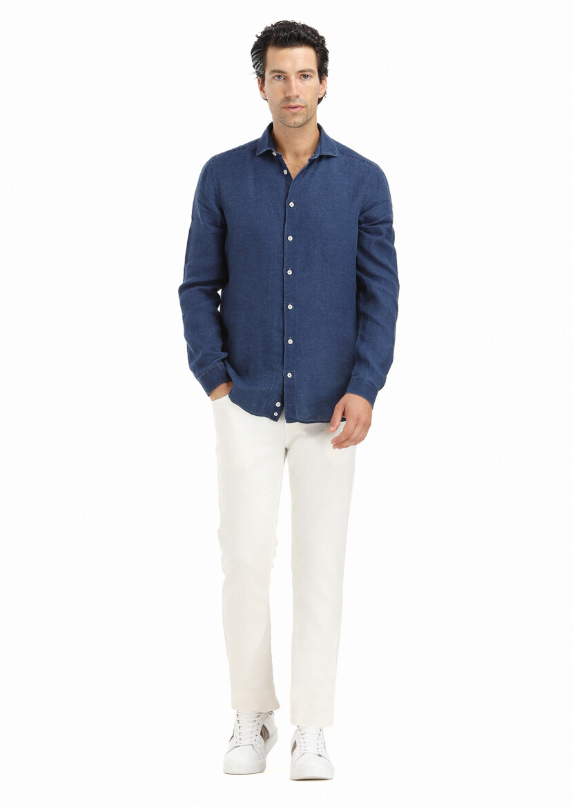 Açık İndigo Düz Regular Fit Uzun Dokuma Casual Gömlek - 1