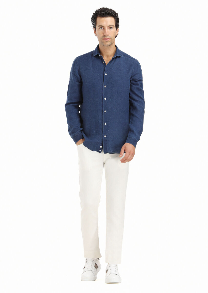 Açık İndigo Düz Regular Fit Uzun Dokuma Casual Gömlek - 1