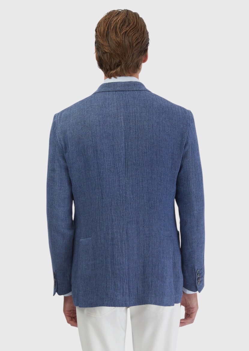 Açık İndigo Düz Shirt Shoulder Slim Fit Keten Karışımlı Ceket - 6