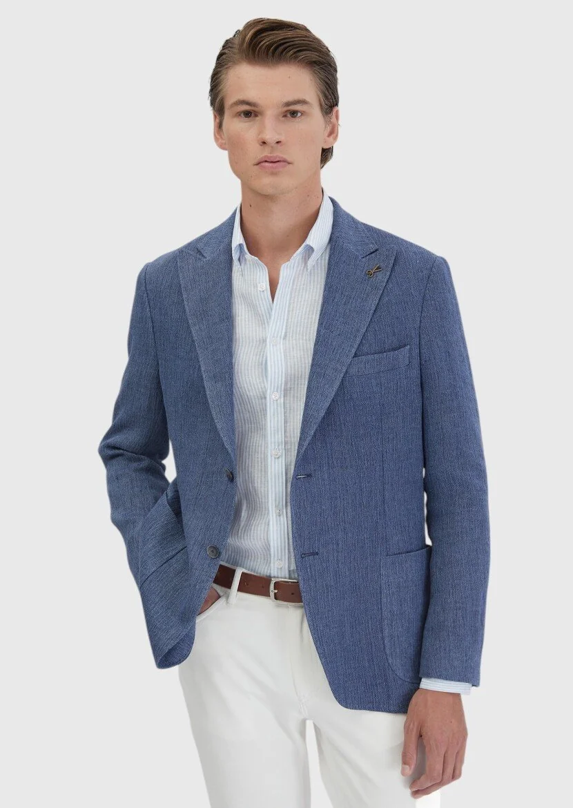 Açık İndigo Düz Shirt Shoulder Slim Fit Keten Karışımlı Ceket - 1