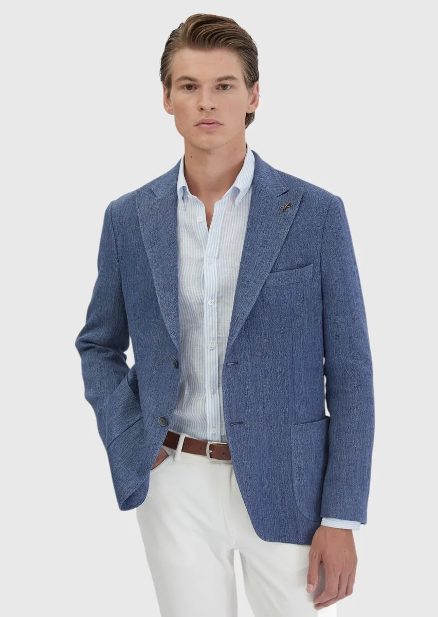 Açık İndigo Düz Shirt Shoulder Slim Fit Keten Karışımlı Ceket - 1