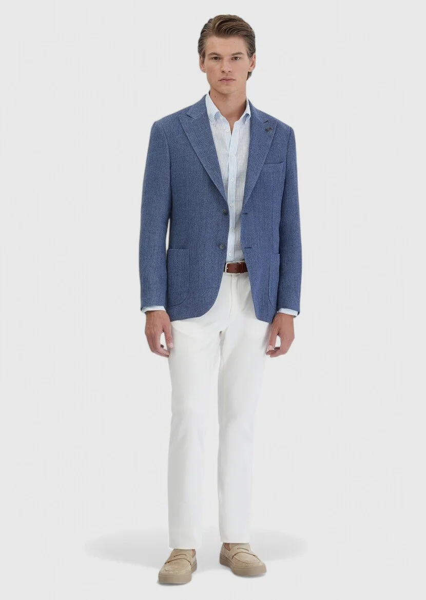 Açık İndigo Düz Shirt Shoulder Slim Fit Keten Karışımlı Ceket - 2