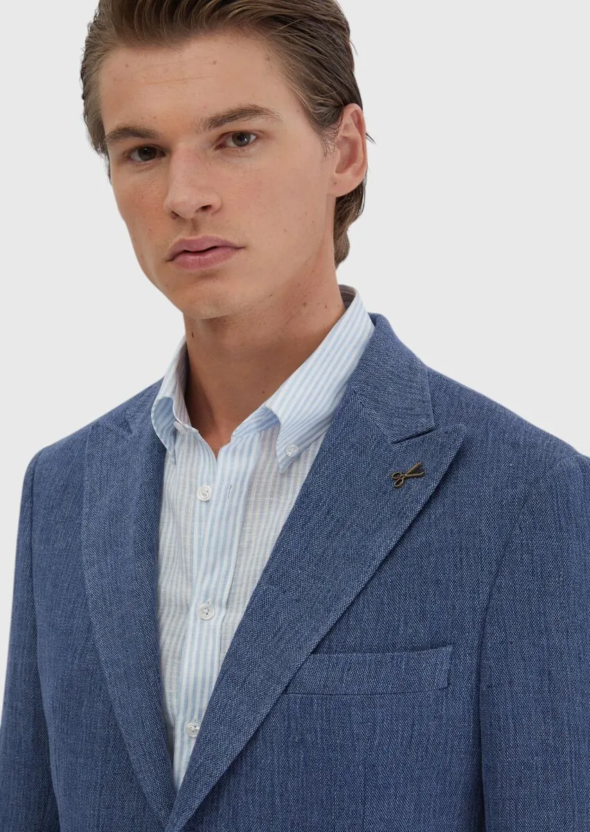 Açık İndigo Düz Shirt Shoulder Slim Fit Keten Karışımlı Ceket - 4