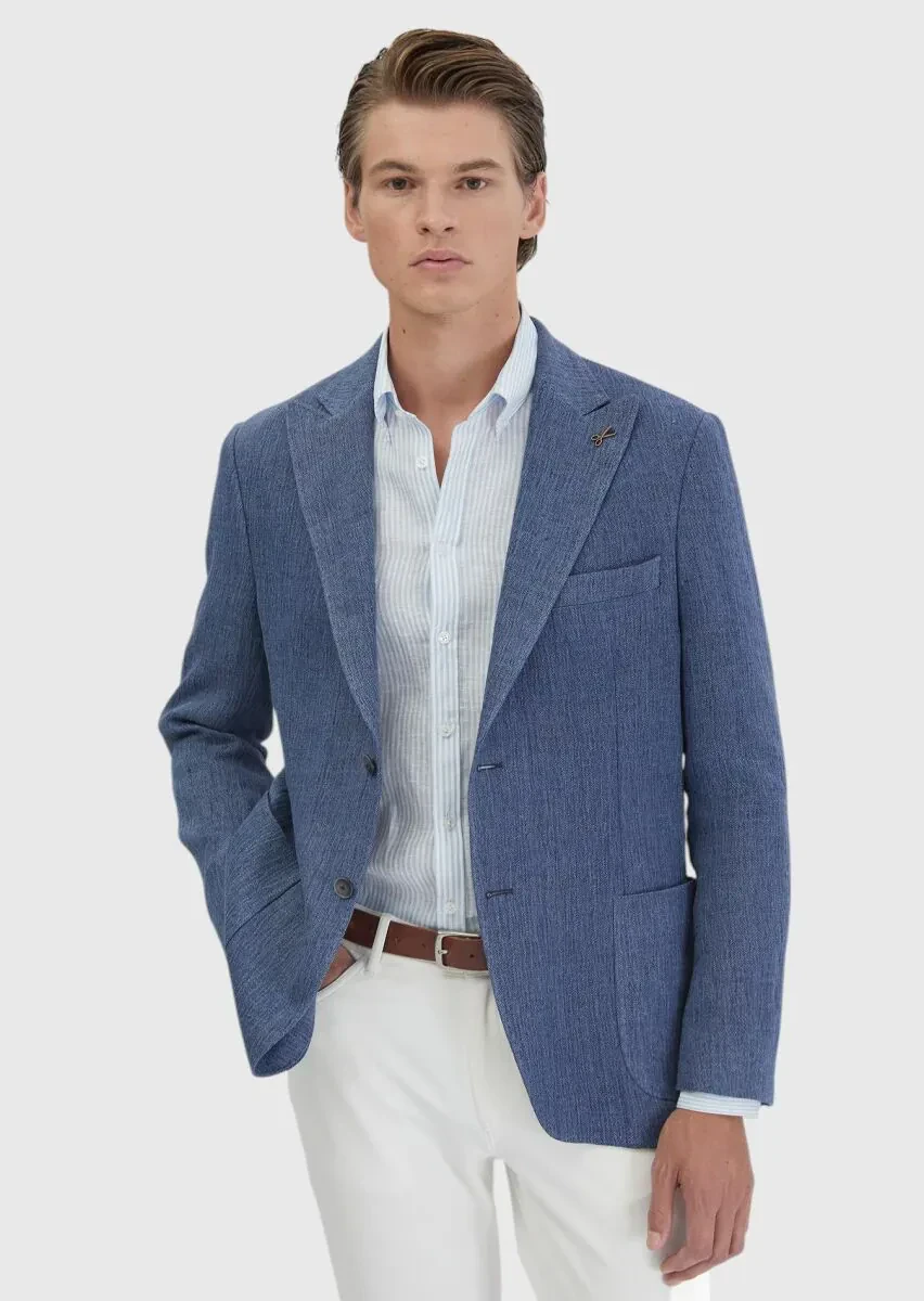 Açık İndigo Düz Shirt Shoulder Slim Fit Keten Karışımlı Ceket - 1