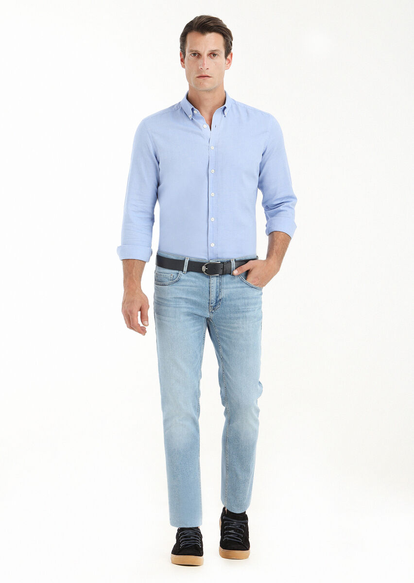 Açık İndigo Düz Slim Fit Denim Pamuk Karışımlı Pantolon - 1