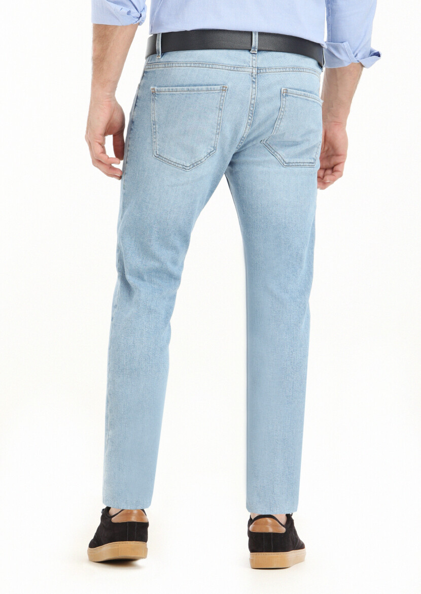 Açık İndigo Düz Slim Fit Denim Pamuk Karışımlı Pantolon - 3