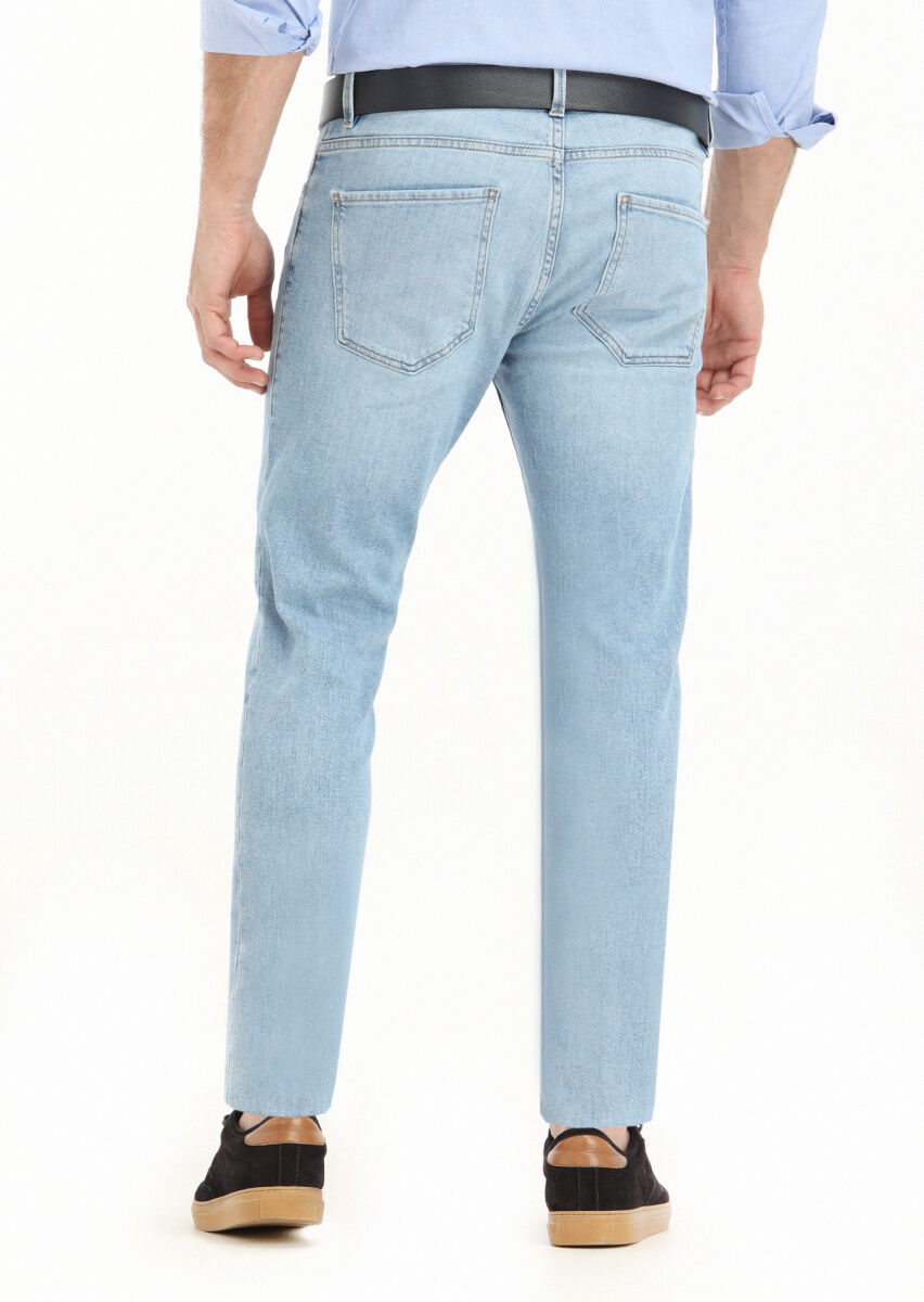 Açık İndigo Düz Slim Fit Denim Pamuk Karışımlı Pantolon - 3