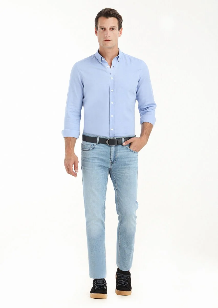 Açık İndigo Düz Slim Fit Denim Pamuk Karışımlı Pantolon - 1