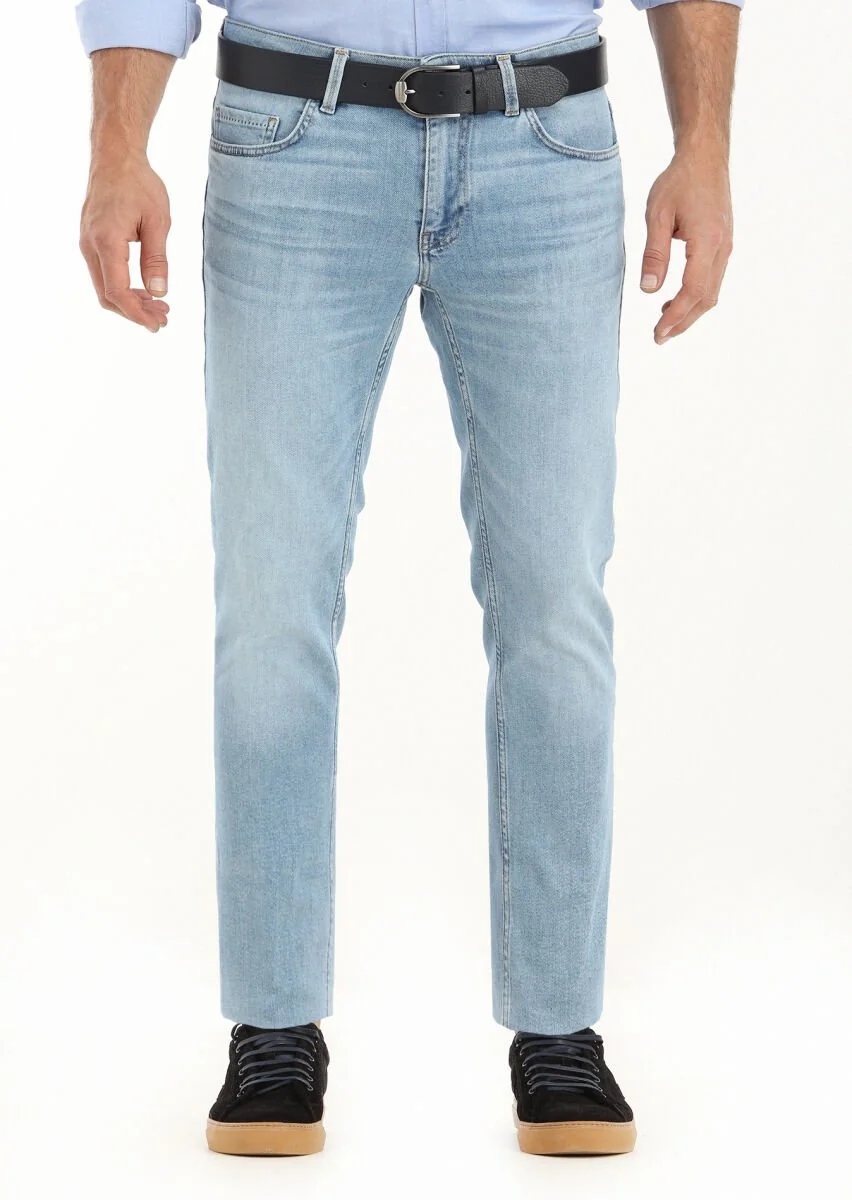Açık İndigo Düz Slim Fit Denim Pamuk Karışımlı Pantolon - 2