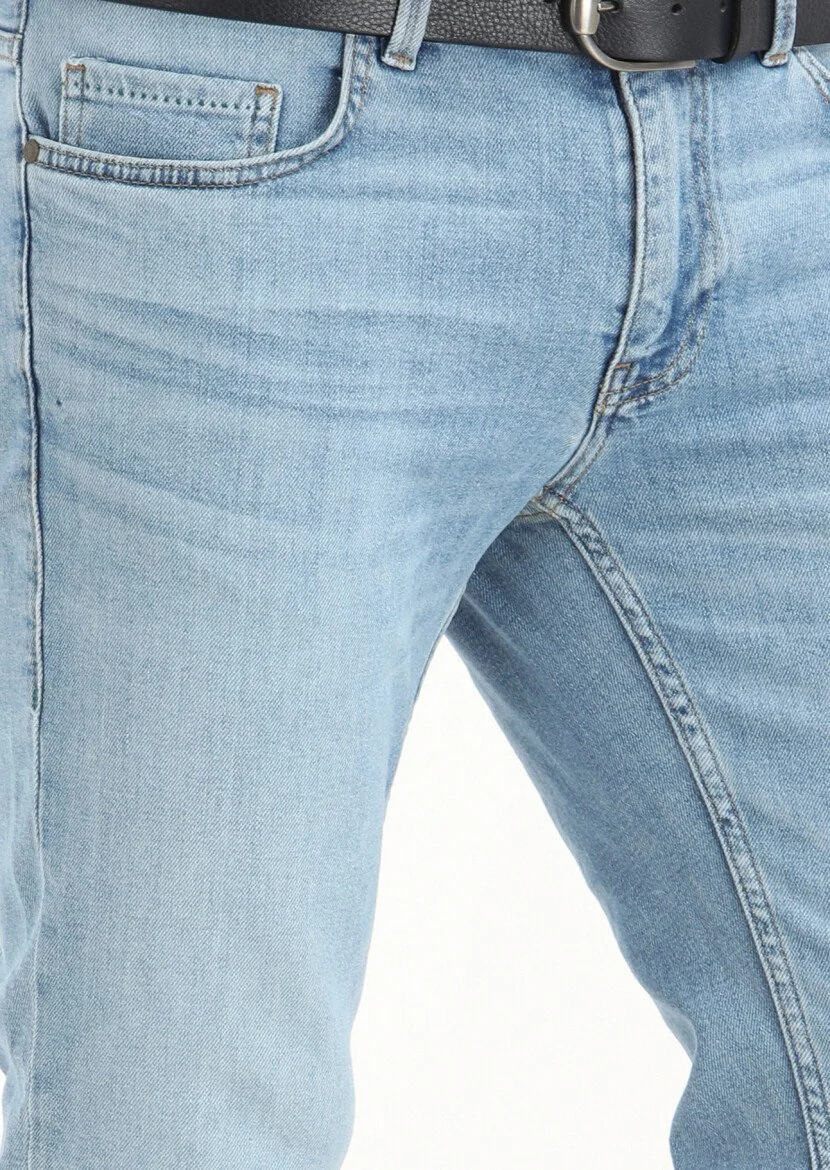 Açık İndigo Düz Slim Fit Denim Pamuk Karışımlı Pantolon - 3