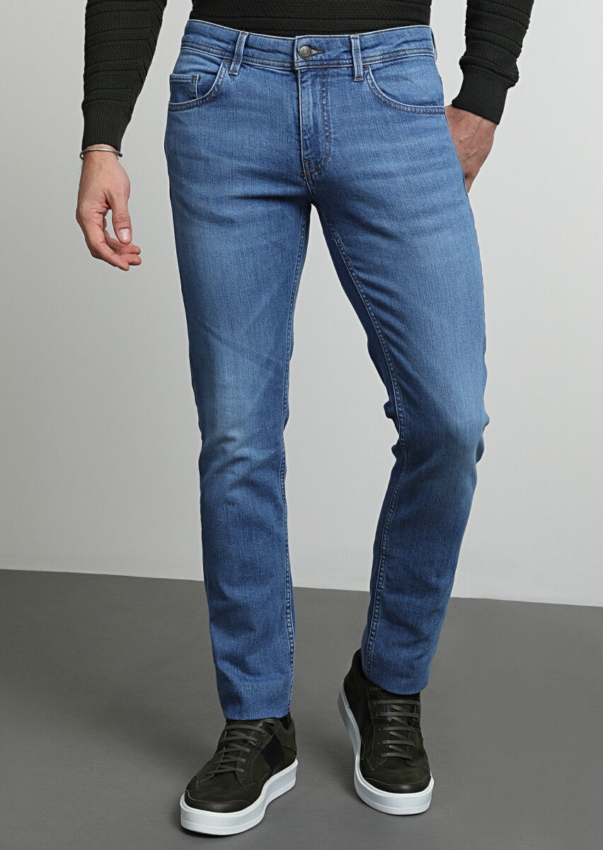 Açık İndigo Düz Slim Fit Denim Pamuk Karışımlı Pantolon - 2