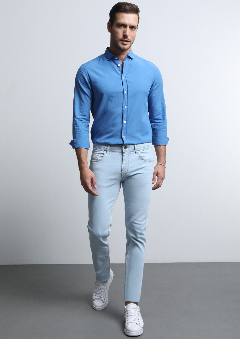Açık İndigo Düz Slim Fit Denim Pamuk Karışımlı Pantolon - 2