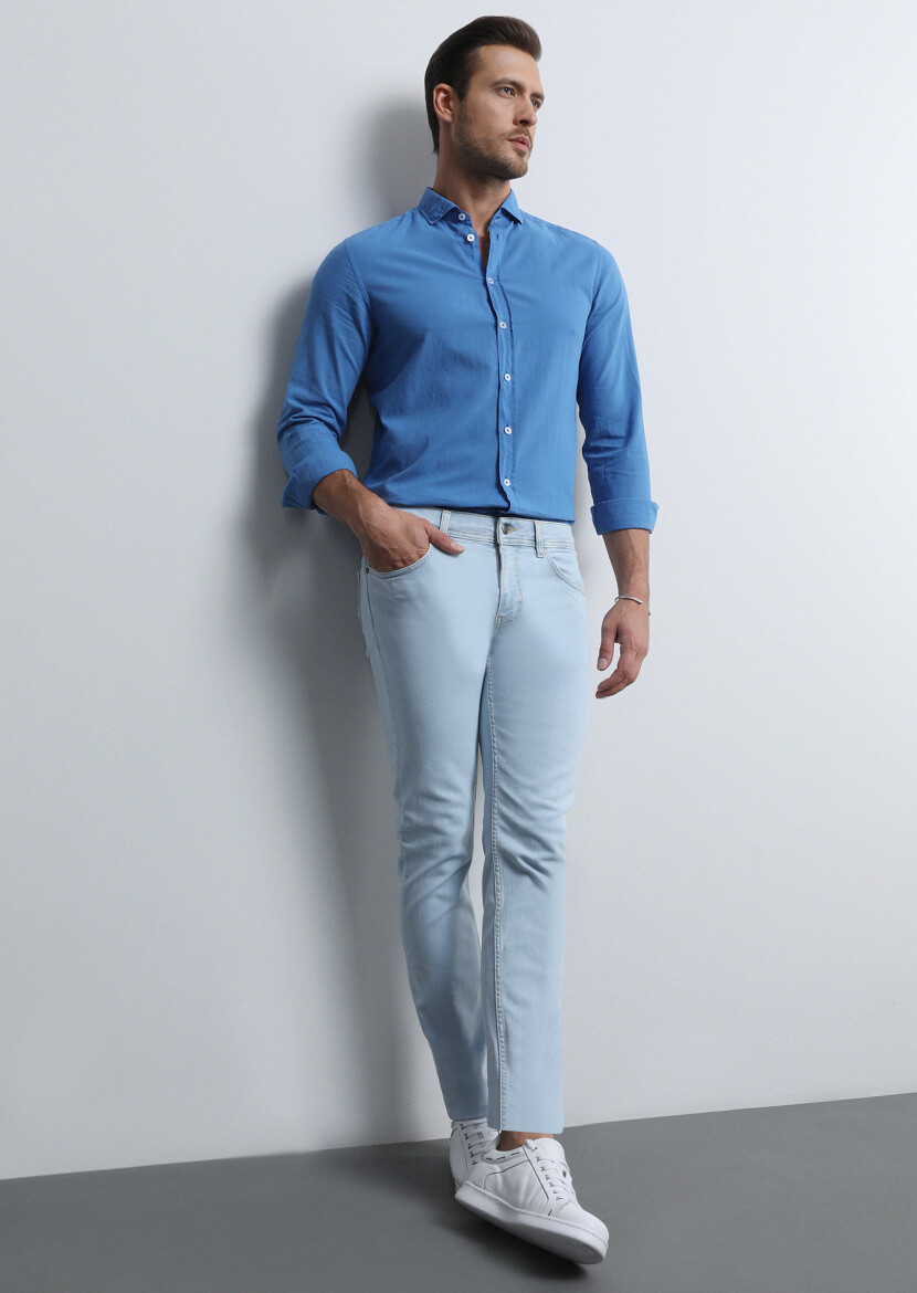 Açık İndigo Düz Slim Fit Denim Pamuk Karışımlı Pantolon - 3