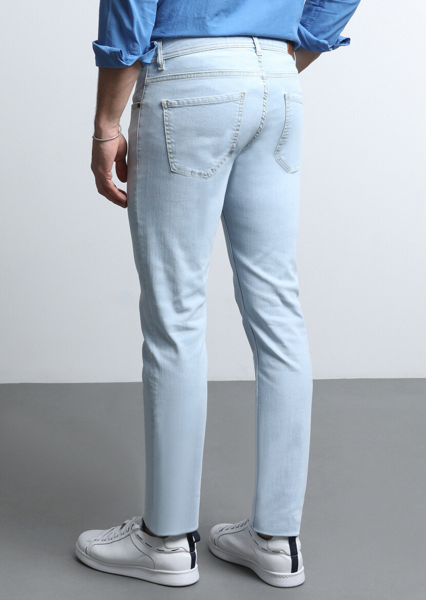 Açık İndigo Düz Slim Fit Denim Pamuk Karışımlı Pantolon - 4