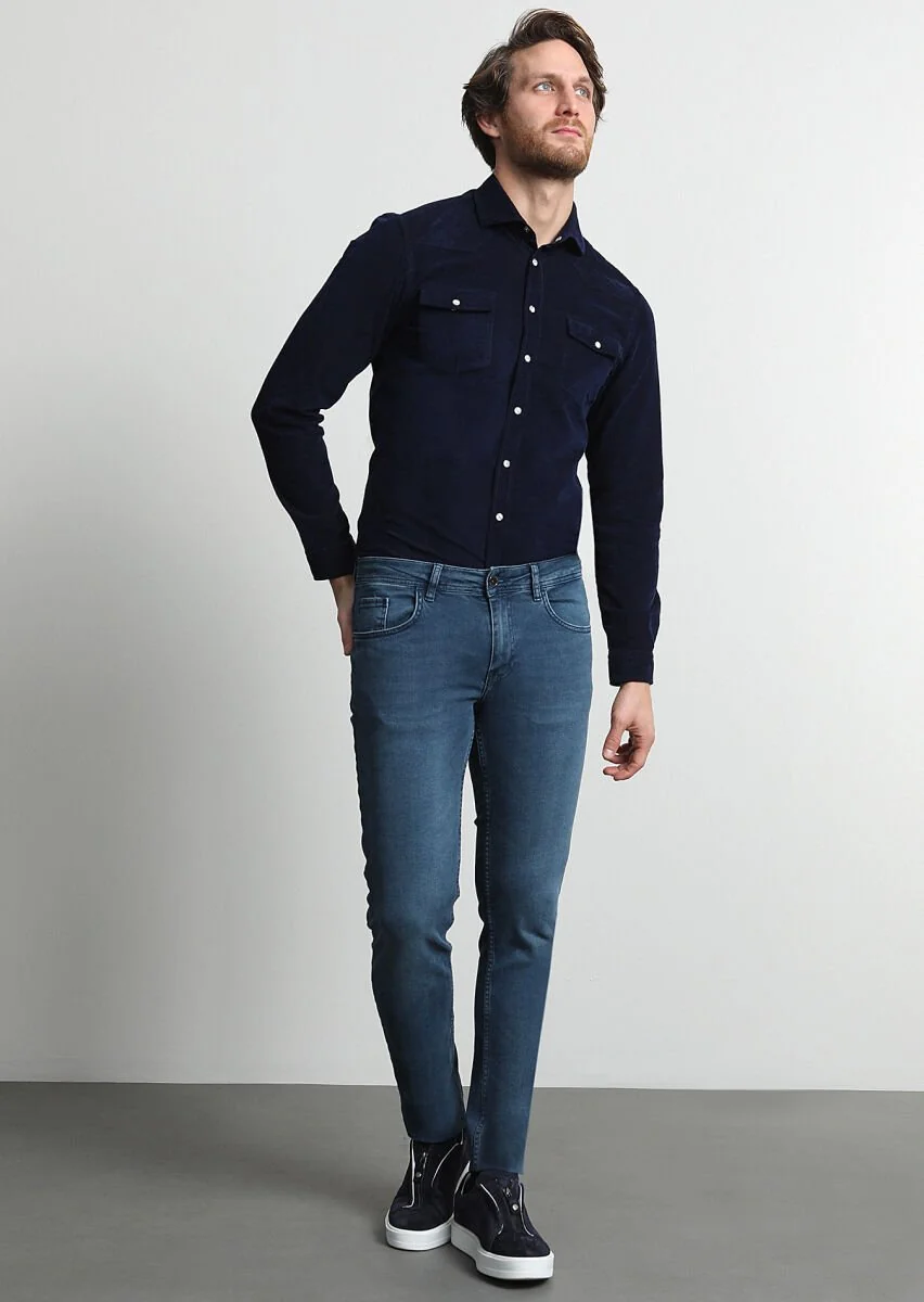 Açık İndigo Düz Slim Fit Denim Pamuk Karışımlı Pantolon - 3