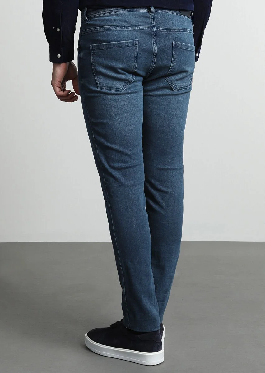 Açık İndigo Düz Slim Fit Denim Pamuk Karışımlı Pantolon - 4