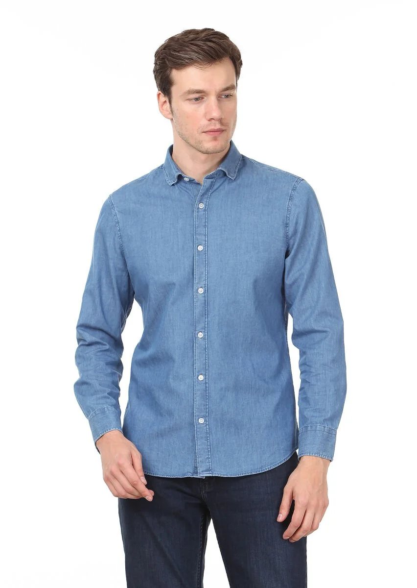 Açık İndigo Düz Slim Fit Dokuma Denim %100 Pamuk Gömlek - 1