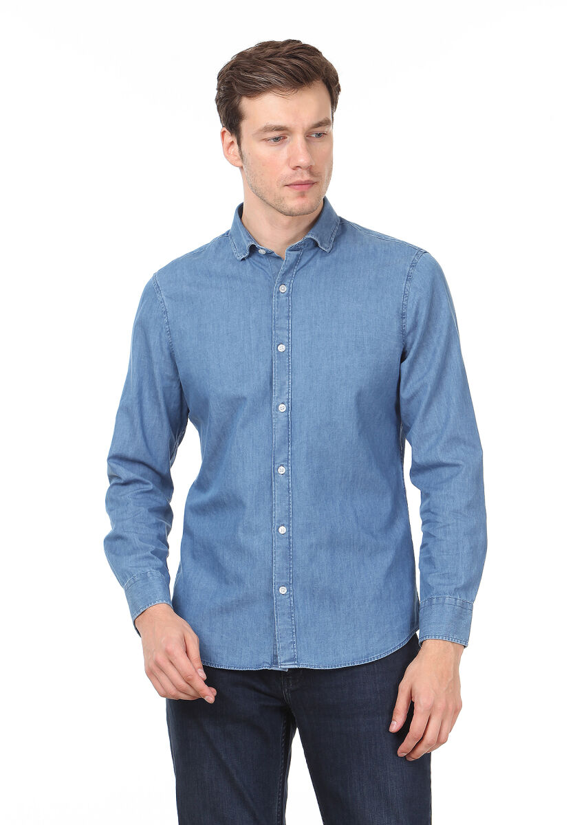 Açık İndigo Düz Slim Fit Uzun Dokuma Denim %100 Pamuk Gömlek - 1