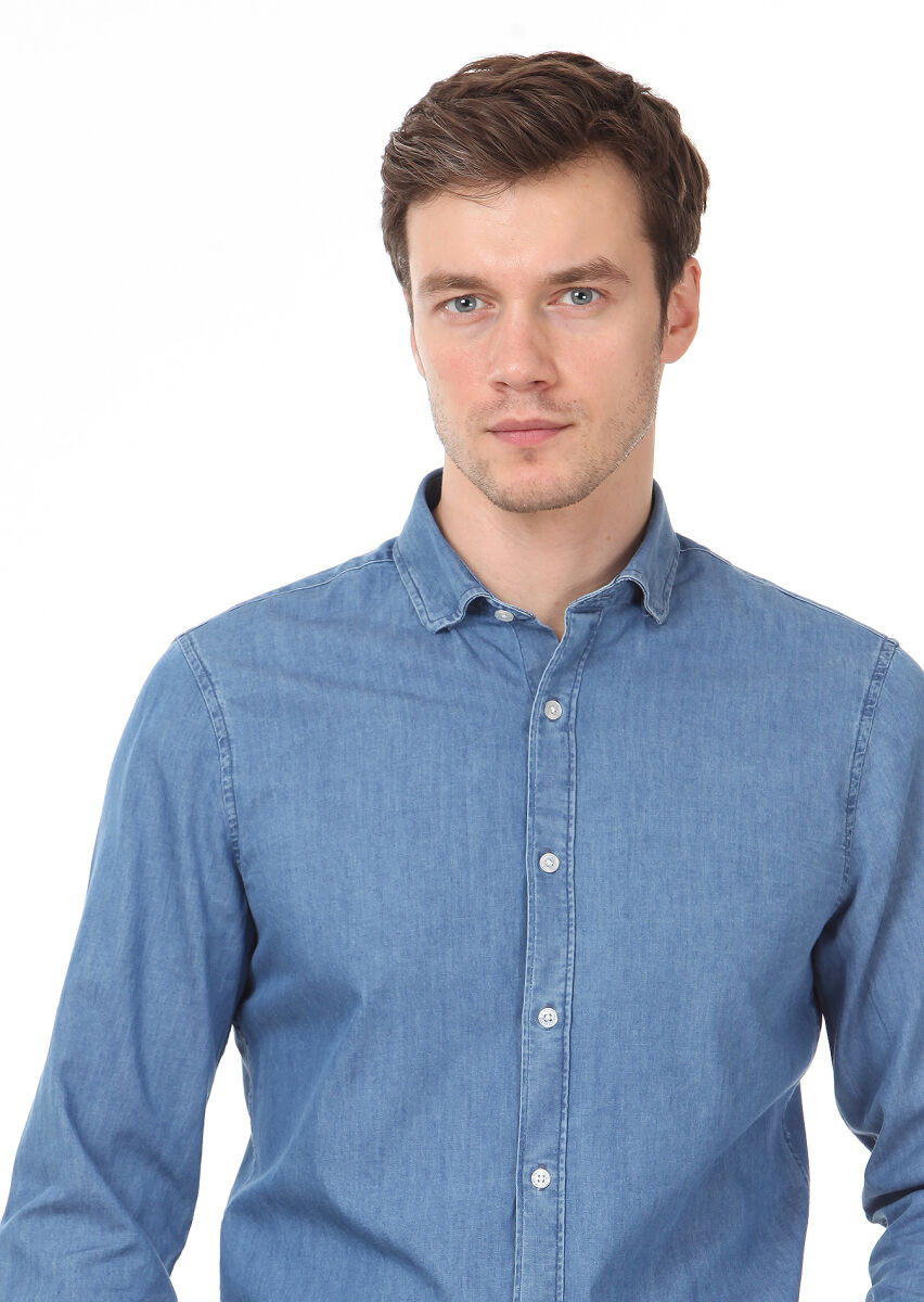 Açık İndigo Düz Slim Fit Uzun Dokuma Denim %100 Pamuk Gömlek - 2