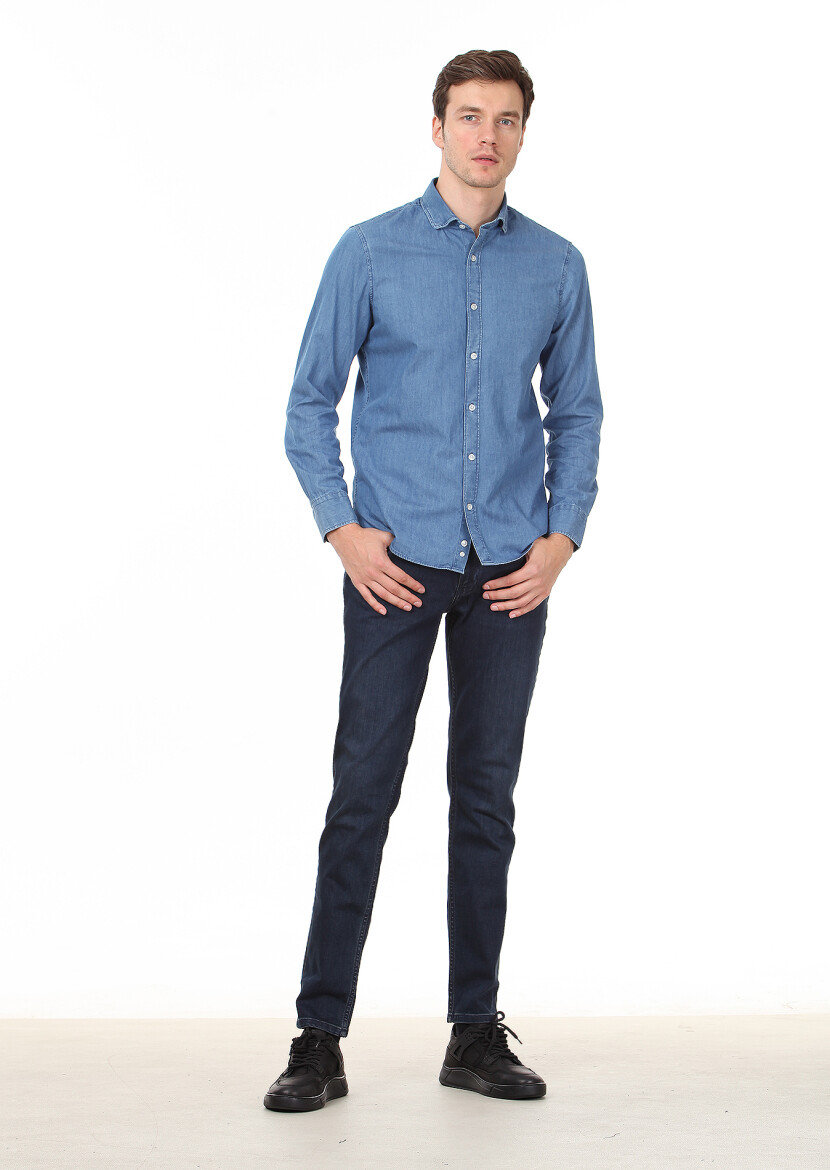 Açık İndigo Düz Slim Fit Uzun Dokuma Denim %100 Pamuk Gömlek - 3