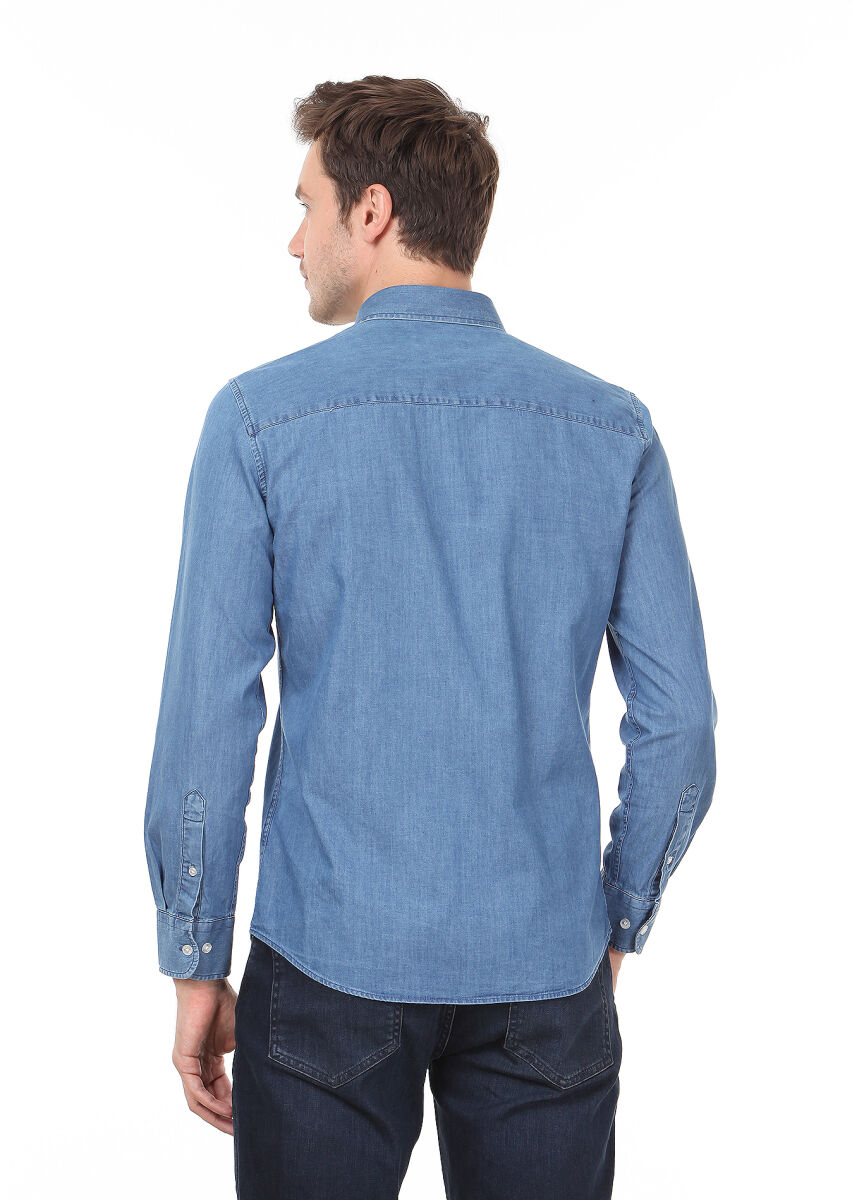 Açık İndigo Düz Slim Fit Uzun Dokuma Denim %100 Pamuk Gömlek - 4