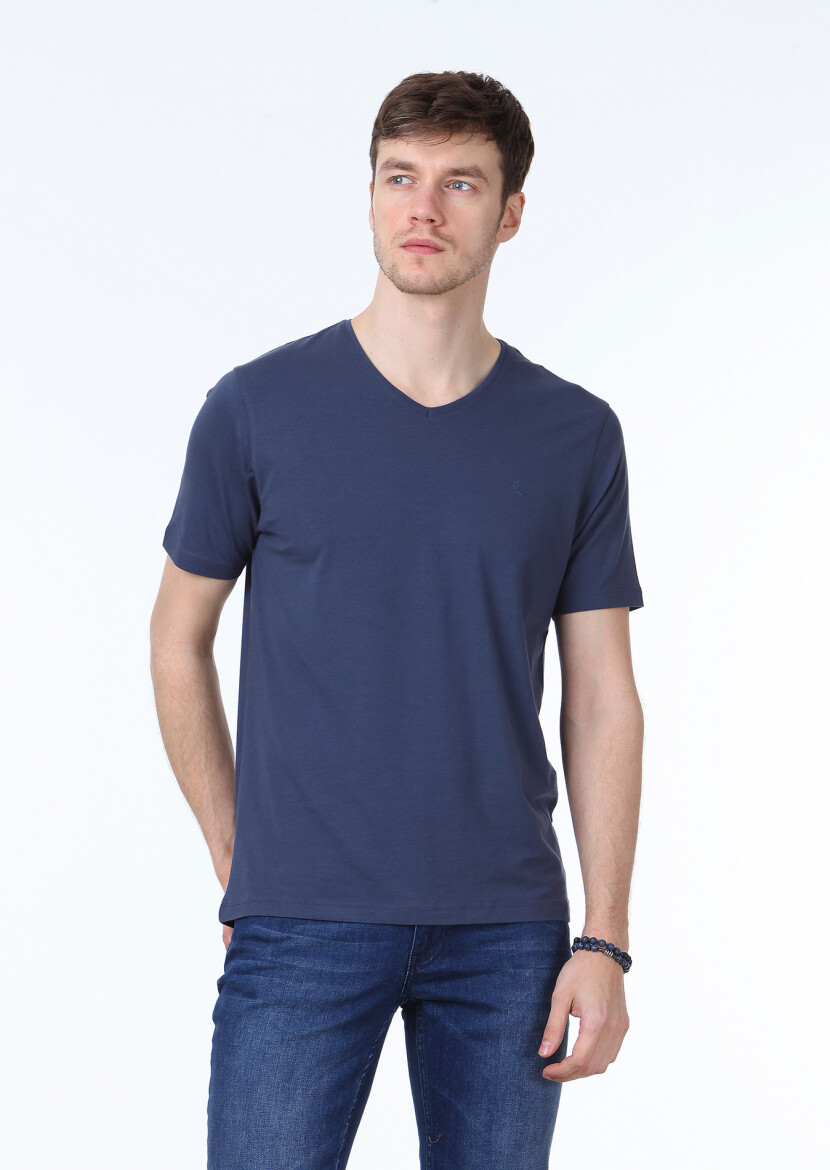Açık İndigo Düz V Yaka Pamuk Karışımlı T-Shirt - 1