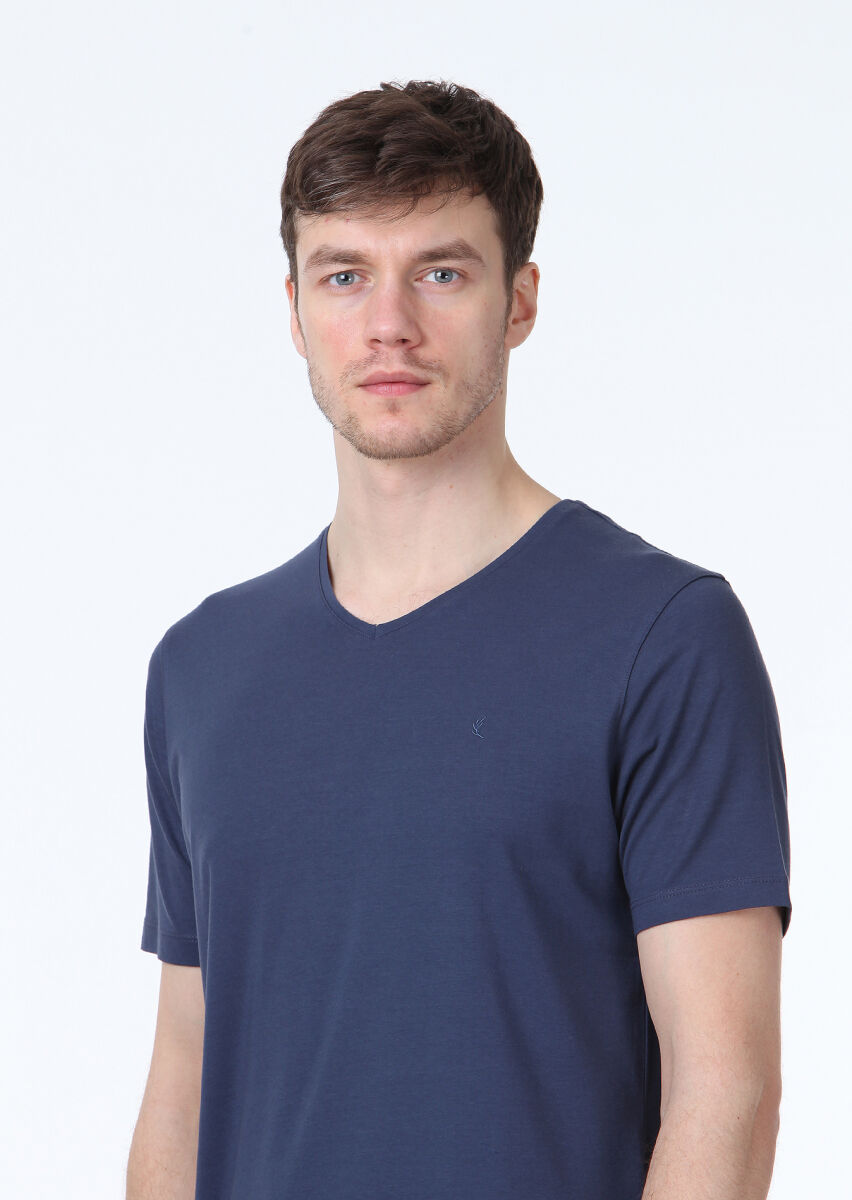 Açık İndigo Düz V Yaka Pamuk Karışımlı T-Shirt - 3