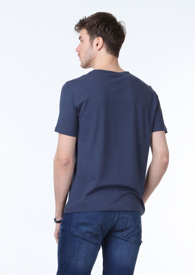 Açık İndigo Düz V Yaka Pamuk Karışımlı T-Shirt - 4