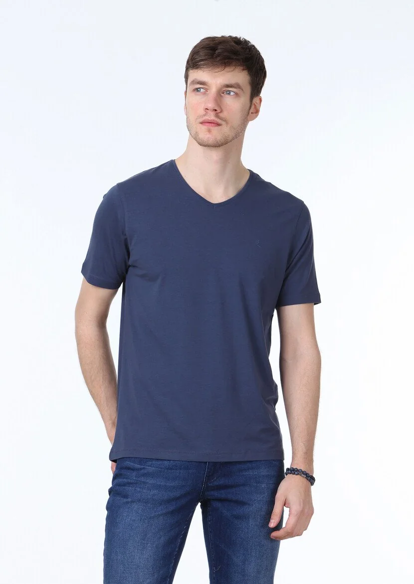Açık İndigo Düz V Yaka Pamuk Karışımlı T-Shirt - 1