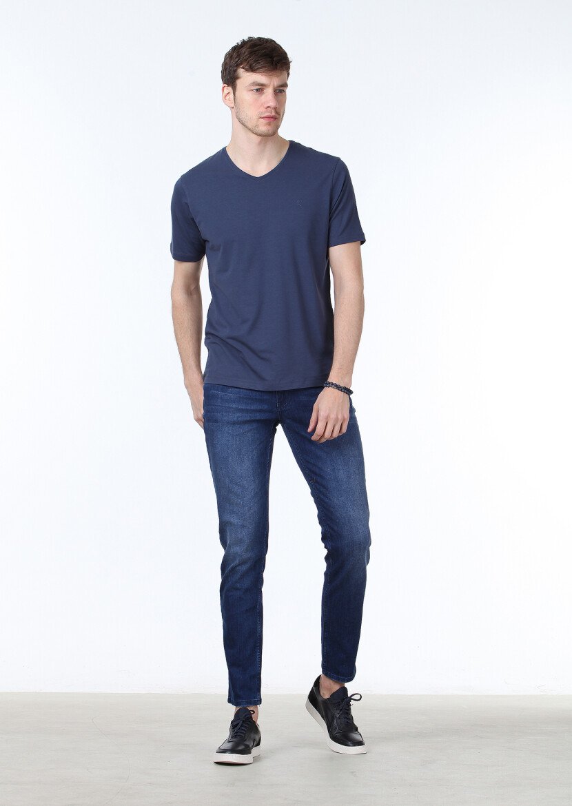 Açık İndigo Düz V Yaka Pamuk Karışımlı T-Shirt - 2
