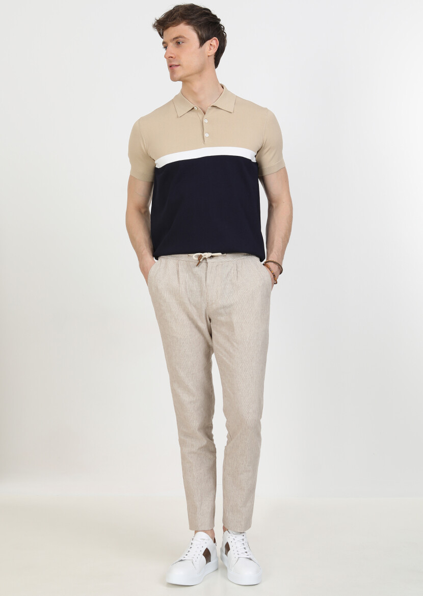 Açık Kahve Çizgili Dokuma Jogging Fit Casual Pamuk Karışımlı Pantolon - 1